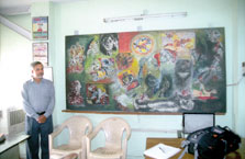 A group of artists from various religions - including Hinduism, Islam and Christianity - created this painting following HyderabadÂ´s worst religious riots in 1991. The artists wanted to promote religious harmony. The mural hangs in the COVA office.
