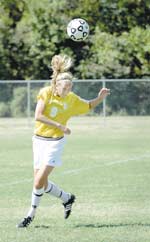 Ashley Turner uses her head during the Sept. 26 game against Truman State University.
