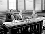 Rep. sherman Parker (R-St. Charles), left, Michael Lenza, University of Missouri-Columbia sociology professor, center, and Rita Linhardt discuss the implementation of the death penalty in Missouri at a press conference March 9. Parker is sponsor of legislation to impose a moratorium on all executions until Jan. 1 2009.
