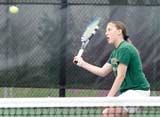 Missouri Southern freshman Michelle Hall competes in a doubles match during the April 13 game against Southwest Baptist University.
