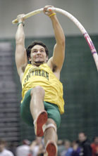 Russell Ellis, sophomore pole vaulter, competes in the MSSU Radio Shack Invitational. Ellis place ninth in the mens pole vault elite category held at Missouri Southern Feb. 4.
