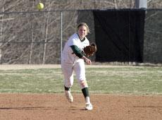 Freshman shortstop Andrea Childs throws to second base against Northern South Dakota State University March 10 in the Teri (Mathis) Zenner Memorial Classic.
