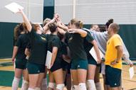 The volleyball Lions come togther during practice last week. Missouri Southern opened the season 5-0 and is gearing up for play this weekend in the Quincy (Ill.) University/McDonalds Invitational. Southern opens play tonight at 1 p.m.

