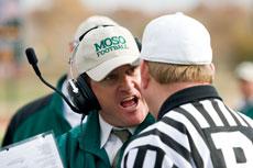 Missouri Southern head coach Bart Tatum has a word with an official durning the Lions 14-13 home loss to Washburn Nov. 4. A special teams miscue kept the Lions from a last-second win in their final home game of 2006.
