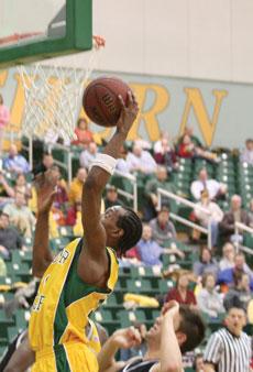 T.J. Britton, guard, goes up for a shot against SBU in the Feb. 10 game.
