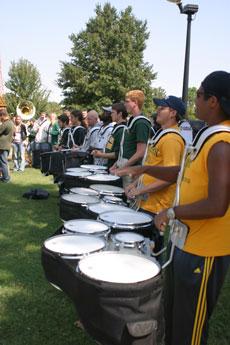 Missouri Southern drum line plays for the crowd.
