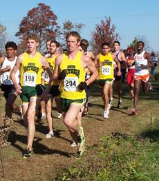 Members of the mens cross country team run together as a pack en route to their first cross country regional championship. The Lions will host the NCAA Division II National Championships next week.
