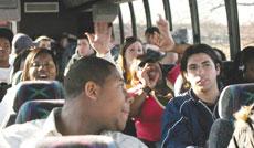 Fans pack the spirit bus to the Missouri Southern basketball games Wednesday at Pittsburg State University. Another bus took fans to the Feb. 16 contests at Southwest Baptist University.
