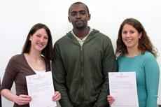 Nursing students Kathy Carmicheal, Alfred Maina and Kim Smith received the Writing Excellence Award March 11. The students wrote and researched topics on ethics, gastrointestinal disorders and dementia as a part of a writing intensive class. Each student recieved a $200 check for their work.
