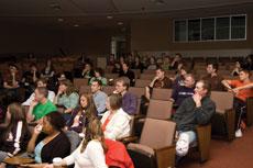 Students assemble in Plaster Halls Cornell Auditorium for the Higher Learning Commission student session on April 1.

