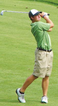 Freshman Andy Hogenmiller reacts to a shot during the Pasta House/Drury Invitational on Sept. 30. Hogenmiller tied for tenth.
