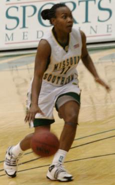 Senior guard Myosha Barnes takes the ball down the court during a Jan. 12 game against Fort Hays. Southern won 62-54.
