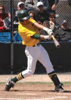 Juan Hernandez gets a base hit in the seventh inning during the first game of the Pittsburg State doubleheader. Southern lost game one 4-1.
