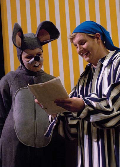 Gabrielle Houlihan, freshman undecided major, plays Milly the Mouse and Hank Dowell, sophomore theatre major, plays Clement Moore in Southern Theatre’s children’s play, ‘Twas the Night Before Christmas.’
