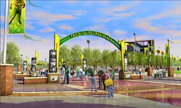 Concept art for Fred G. Hughes Plaza, entrance to possible Robert W. Plaster Stadium
