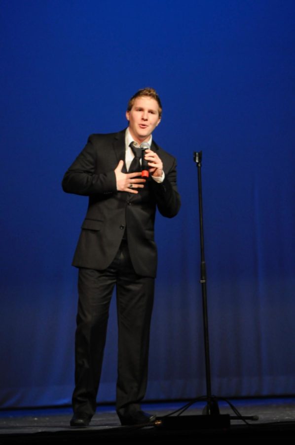 Barry Arwood, sophomore music major, sings the jazz/blues song “Cry me a River.” The song was written for Ella Fitzgerald in 1955 and, more recently, recorded by Michael Bublé in 2009. Arwood’s vocals won him the first place $300 prize this year.
