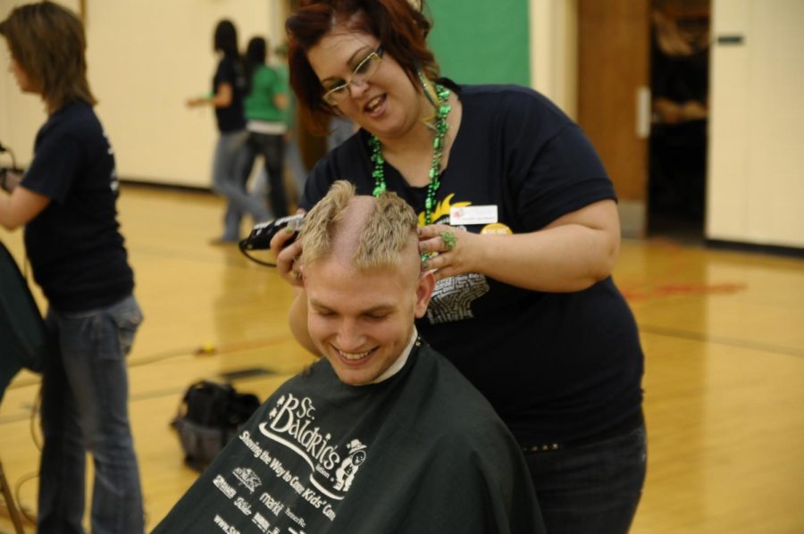 A Missouri Southern student gets his head shaved March 17 during the Student Senate fundraiser in conjunction with the St. Baldrick’s Foundation. The event, held in Young Gymnasium at Southern, raised more than $3,400 to fund research into cures for cancer in children after students and staff members had their heads shaved.
