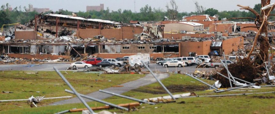 Joplin+High+School+lies+in+ruins+after+the+May+22+tornado+demolished+the+building.+Students+are+now+attending+classes+in+makeshift+locations.%0A