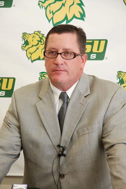 Former Head Coach of the Missouri Southern football team Bart Tatum makes a statement at a Tuesday press conference following his Monday resignation from the position. Tatum will remain with the team in the role of a football consultant until a new Head Coach is named.

