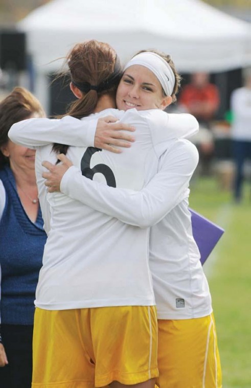 Michelle Dimza embraces teammate Samantha Zoltanski after the Lions defeated Lindenwood University in the Lions’ final home game of the season before heading to Kansas City to comepete in the MIAA tournament where they finished second. The Lions beat Southwest Baptist in the opening round, Truman State in the semifinals, and were finally beaten by Central Missouri.
