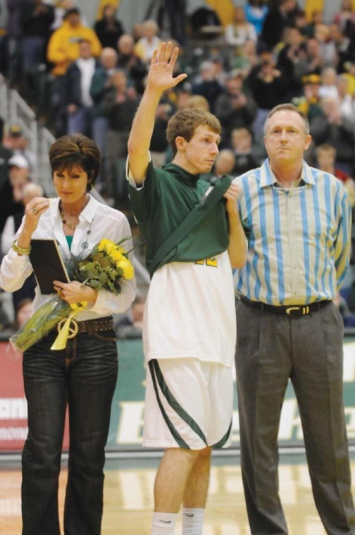 Former Missouri Southern mens’ basketball standout Skyler Bowlin is moved to tears by the support of the crowd on Senior Day.
