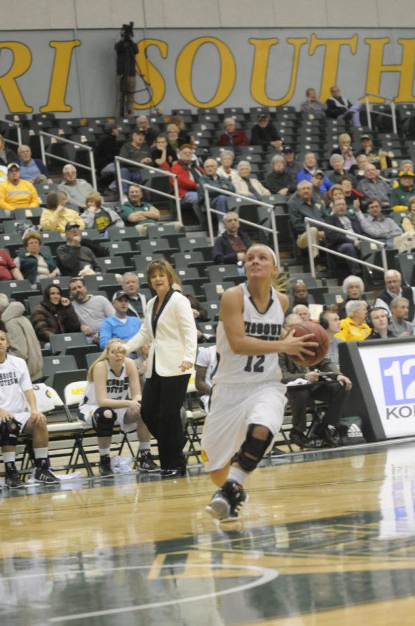 Freshman guard Haley Weathers drives to the basket in a Jan. 18 game against NWMSU. Southern won 83-75.
