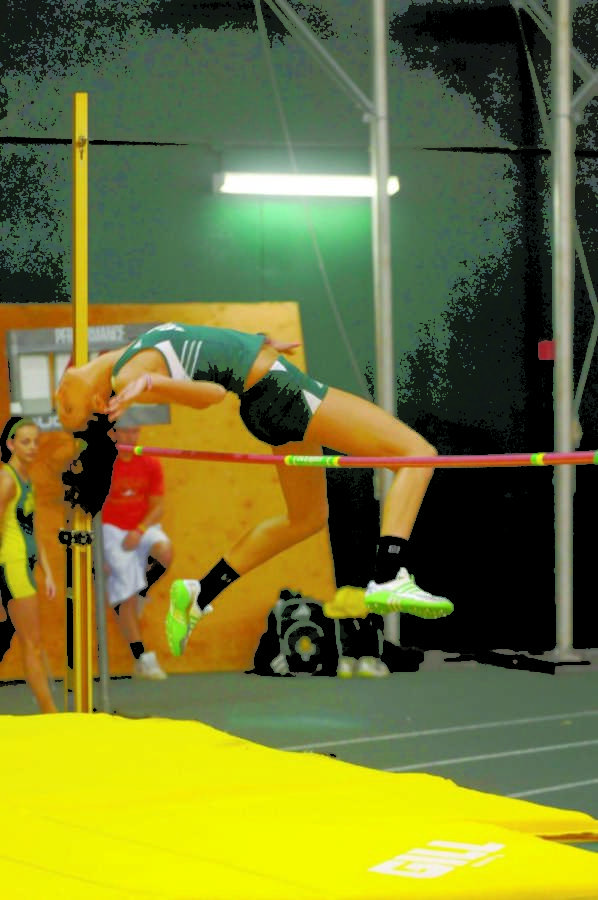 A Missouri Southern women’s track & field athlete competes in the high jump at last weekend’s MSSU Invitational.
