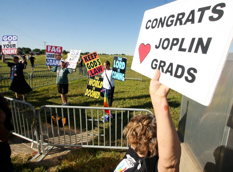 Several Joplin supporters came to counter protest Westboro Baptist Church with signs, flags and chants.
