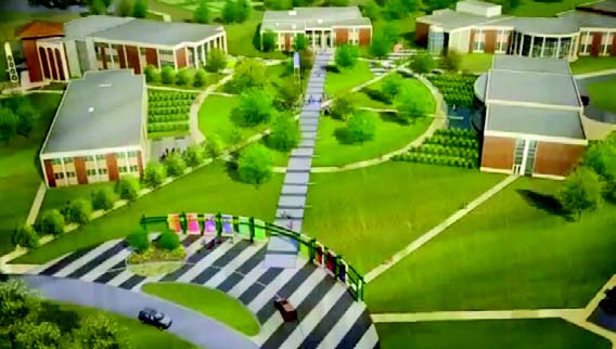 A screenshot of Southern’s master plan video shows campus updates and renovations to the oval, including a new academic building at right.
