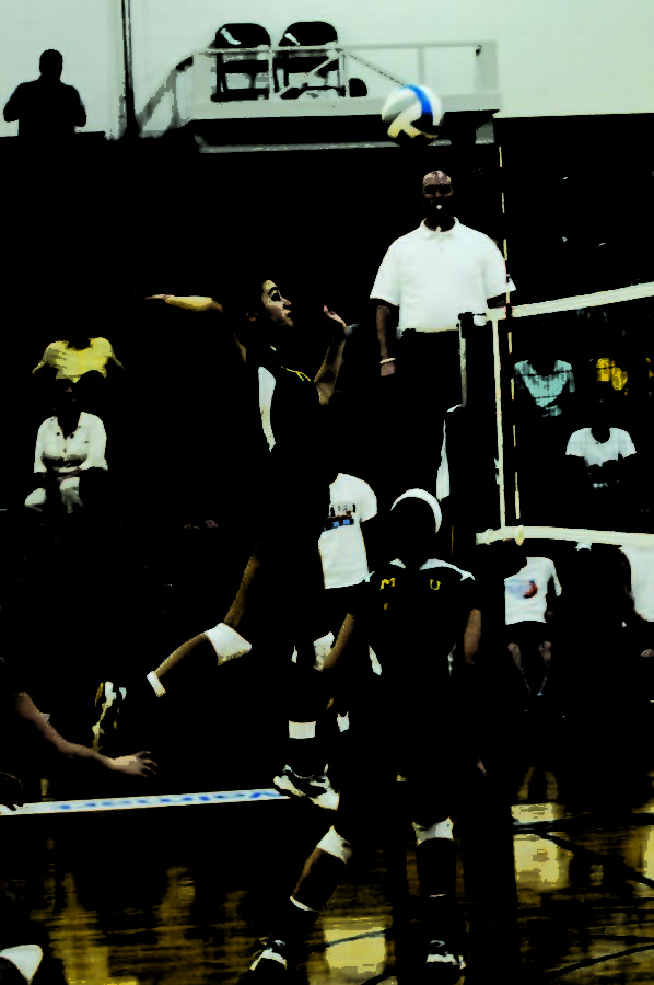 Sophomore hitter Katie Politte goes up to attempt a kill in a match against Southwest Baptist University.
