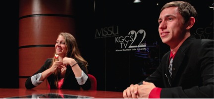 Senior Kristen Murphy and freshman Dillon Thompson are two of the anchors for MOSO Student News on KGCS-TV. The bi-weekly show is in its second semester at MSSU.

