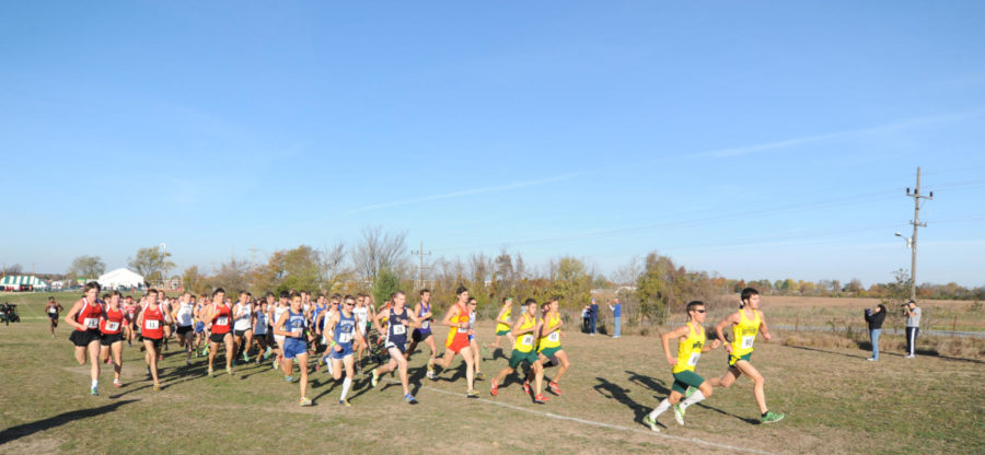 The Missouri Southern men’s cross country team breaks away from the pack at the start of last weekend’s regional championship race.
