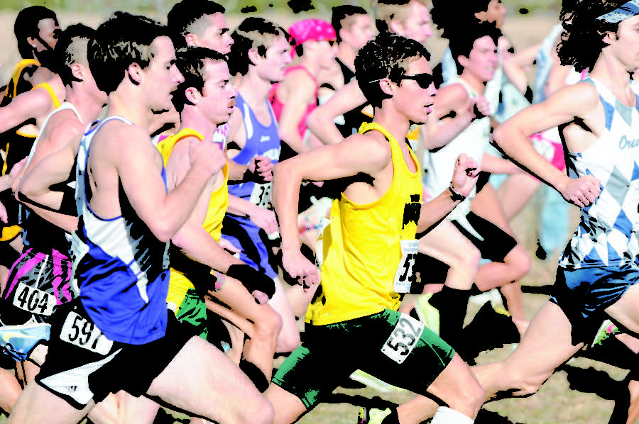 Junior Jake Benton sprints through a pack of runners at the start of the Division-II National Cross Country Championships in Joplin. Benton would go on to finish outside the top 100.
