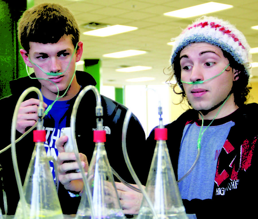 Freshman Colin Hughes and sophomore Omar Trenche, both biology majors, inhale different scents of oxygen at the oxygen bar set up in the Lions’ Den Tuesday. Airheads Oxygen and Aromatherapy put on the oxygen bar through Campus Activities Board.

