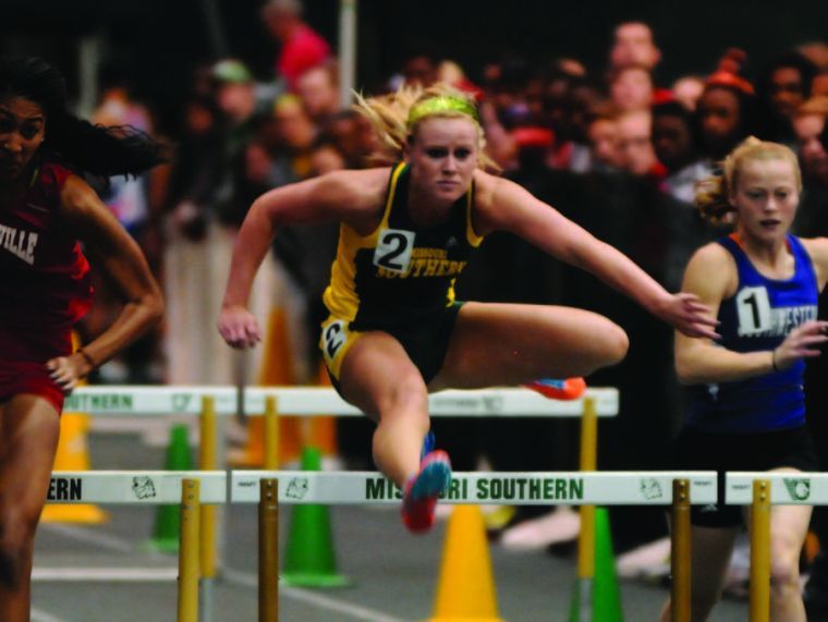 Sophomore+hurdler+Emily+Paullus+finishes+eighth+in+the+60-meter+hurdles+at+the+Missouri+Southern+Lion+Invite+in+Leggett+and+Platt+on+Feb.+2%2C+2013.%0A
