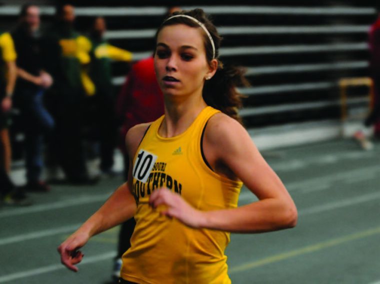 Freshman Addie Mengwasser runs for a 10th place finish in the mile at the MSSU Invite on Feb. 2, 2013.
