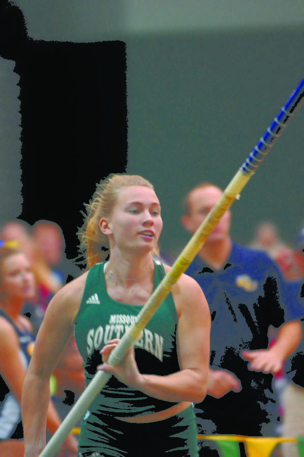 Junior Sydney Haase finishes second in the pole vault at the MSSU Lion Invite on Feb. 2, 2013.
