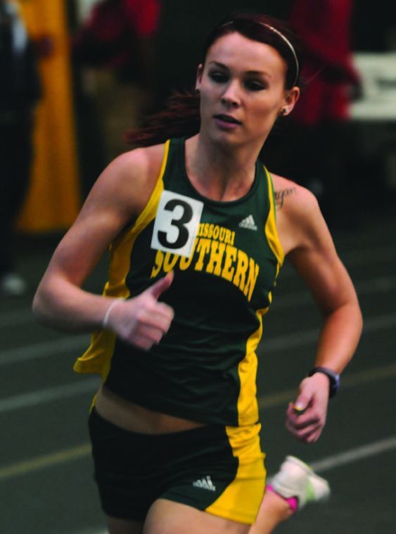 Sophomore sprinter Emily Weldin finishes third in the 400m at the Lion invite.
