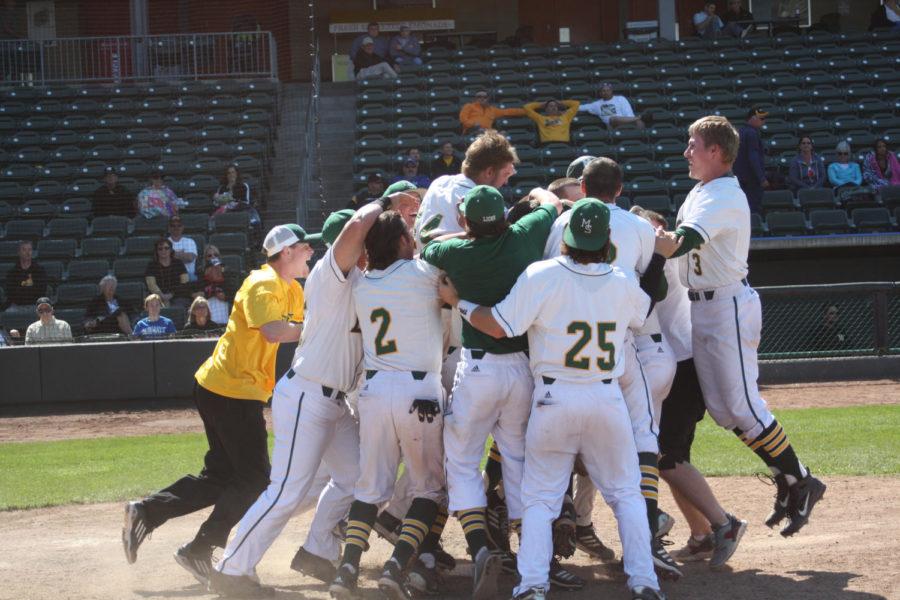 The Missouri Southern baseball team celebrates after winning the MIAA Baseball Tournament Championship on May 11, at CommunityAmerica Ballpark in Kansas City, Kan. Left: The team poses with the MIAA Championship banner and trophy. Right: Then senior Sam Ryan rounds the bases after his walk-off home run.