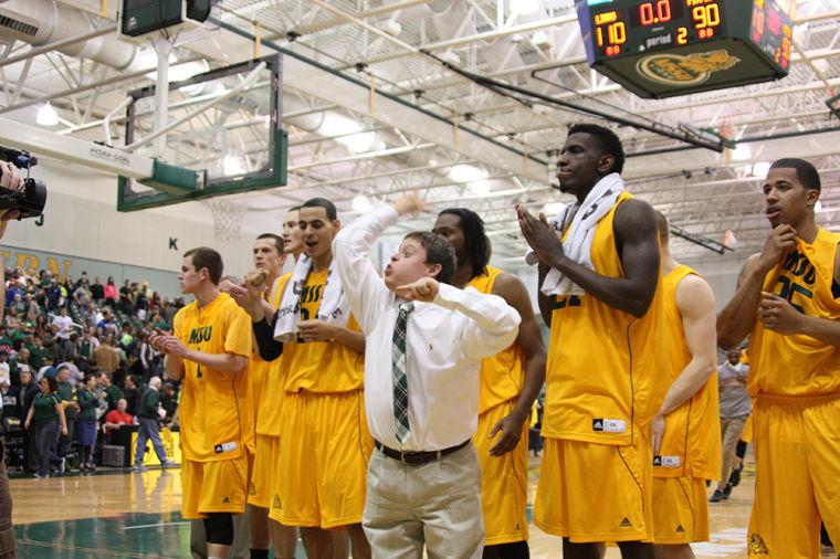 Rob Corn celebrates with the team after their victory against Pitt State on Senior Night