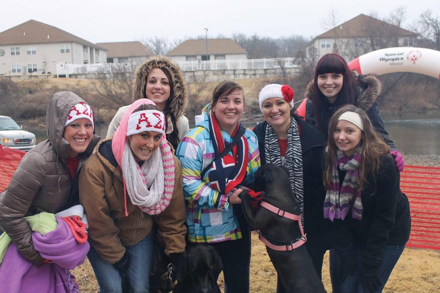 Alpha Sigma Alpha sorority members support fellow sister, Emily Olson (center), at the Polar Bear Plunge on Saturday, Feb. 1.