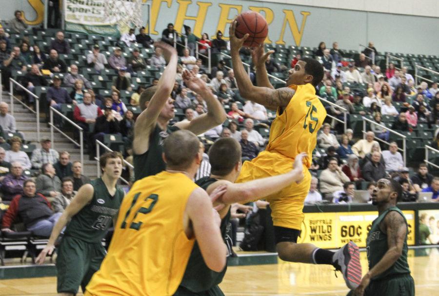 Junior Lane Barlow drives to the basket during the Lions 82-68 victory over top-ranked Northwest Missouri on Feb. 12 at the Leggett & Platt Athletic Center