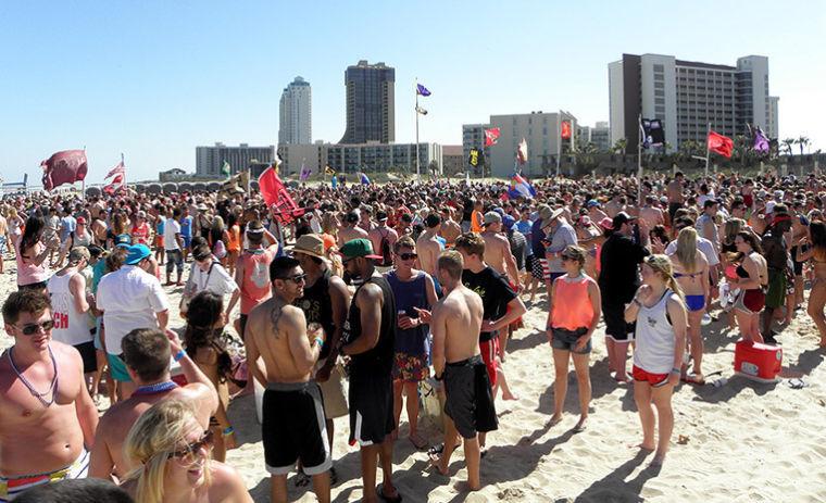South Padre Island, TX, Crowds of students enjoy the free and open for everybody beach party daily. Pitt State came with a huge delagation.