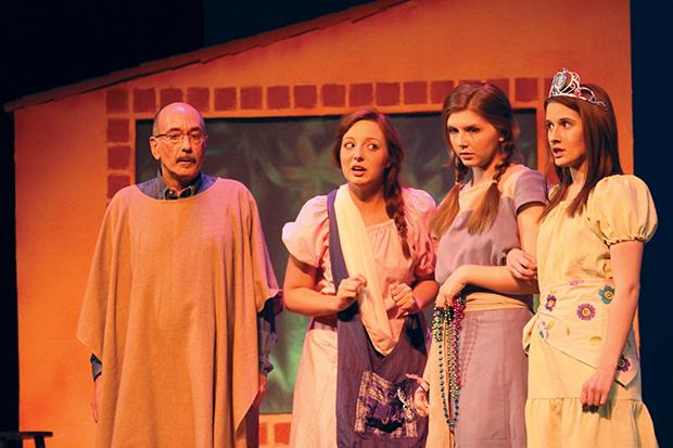 John Early (left) plays the role of Father to Ninfa, Peligrosa and Traviesa played by (left to right) Jackie Webb, Savannah Schwab and Mollie Sanders in the final theatre production of the season, The Bear Prince.