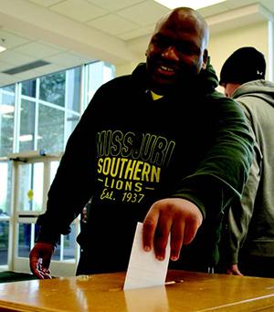 DeAndre Reece, junior criminal justice major, casts his vote at the student body elections April 29 in the Billingsly Student Center.