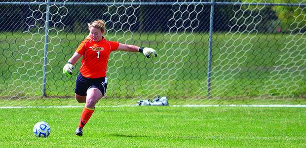 Senior goalie Beth Hammons clears the ball down field during the Oct. 6, 2013 matchup against Lindenwood at Boden Field. The contest ended in a 0-0 tie after two overtimes.
