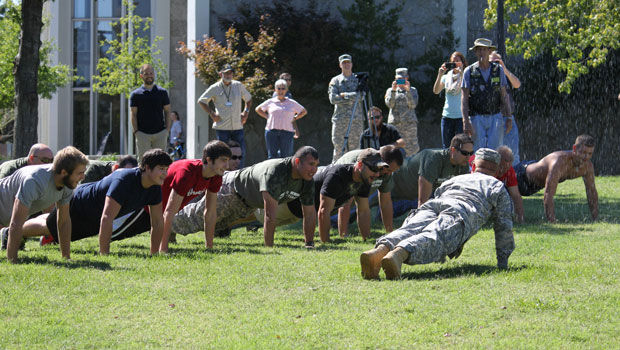 Pvt.+Nick+Tilton%2C+a+Missouri+Southern+freshman+psychology+major%2C+leads+veterans+and+volunteers+in+the+Veterans+Challenge+held+Sept.+22+on+the+Oval.+This+challenge+consisted+of+veterans+and+volunteers+doing+22+pushups+while+the+Joplin+Fire+Department+sprayed+cold+water+over+them+in+order+to+raise+awareness+about+the+22+veterans+that+commit+suicide+every+day+in+the+United+States.