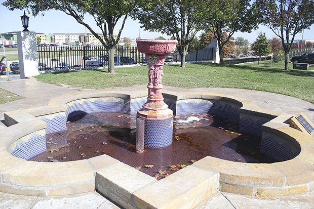 The Dennis Weaver Memorial Fountain at the alumni center, covered in a red dye on Thursday, Oct. 30.