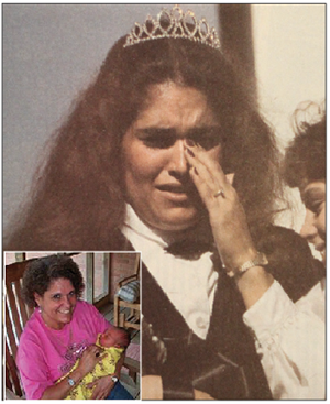 Robin Reed Kier graces the cover of the alumni magazine from 1986. Kier (left) receives her Homecoming crown from the past queen, Marsha Bishop, (right). Inset shows Kiers at her home in Cassville with her  grandson Jake.