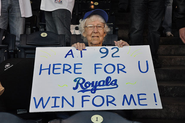 92-year-old Lorraine Hawkins cheers on her Royals during game 6 of the World Series. Oct. 28, 2014.